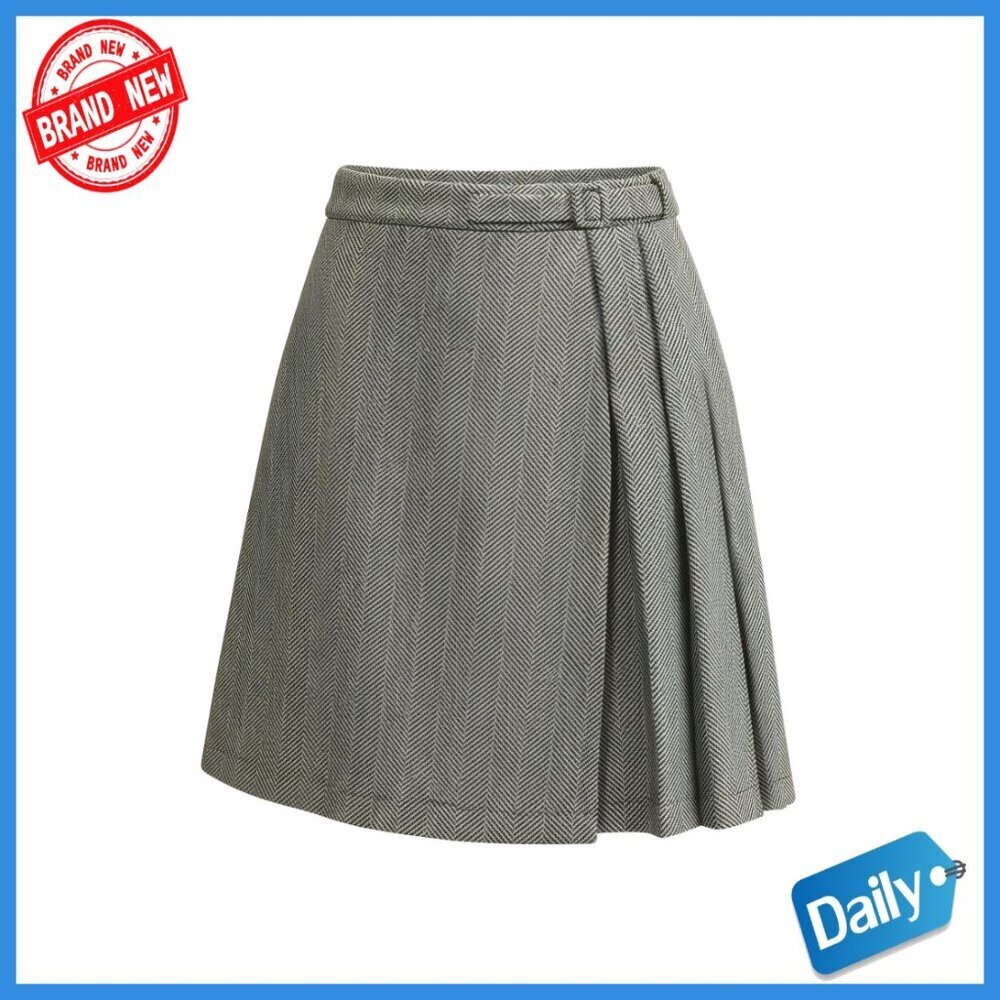 Tweed Knee Length Skirt High Waisted Pleated A-Line Fall Winter Casual